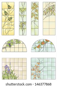 Samples stained glass window with flowers, fruit and vegetables