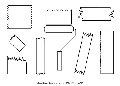 Samples and swatches of paint, fabric, duct tape. Linear vector illustration. Contour drawing and paint roller icon.