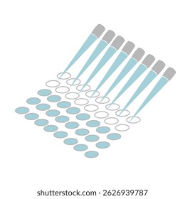 As amostras foram retiradas da ponta da pipeta para o poço da placa de 96 poços com multicanal de Autopipette ou Micropipette para teste ou diagnóstico de algo, a imagem representada no conceito de ícone.