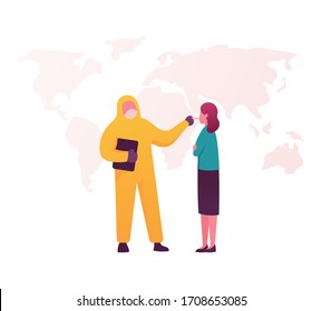 Sampling from Larynx to Determine Presence of Contagious Disease, Coronavirus Infection. Character in Protective Suit Put Cotton Swab to Woman Mouth for Saliva Test. Cartoon People Vector Illustration