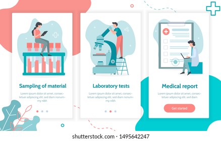 Sampling Of Material, Laboratory Tests And Medical Report Preparation. Onboarding Screens Template For Mobile Applications And Websites. Flat Vector Illustration.