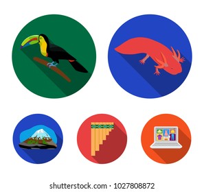 Sampono Mexican musical instrument, a bird with a long beak, Orizaba is the highest mountain in Mexico, axolotl is a rare animal. Mexico country set collection icons in flat style vector symbol stock