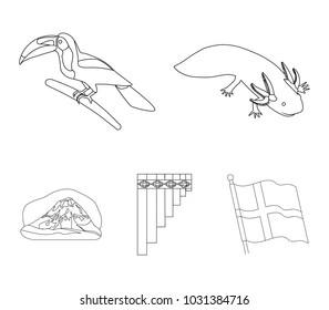 Sampono Mexican musical instrument, a bird with a long beak, Orizaba is the highest mountain in Mexico, axolotl is a rare animal. Mexico country set collection icons in outline style vector symbol