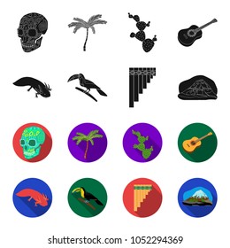 Sampono Mexican musical instrument, a bird with a long beak, Orizaba is the highest mountain in Mexico, axolotl is a rare animal. Mexico country set collection icons in black,flet style vector symbol