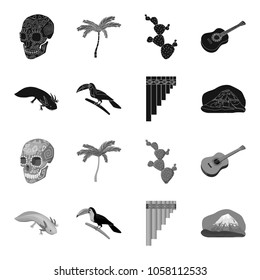 Sampono Mexican musical instrument, a bird with a long beak, Orizaba is the highest mountain in Mexico, axolotl is a rare animal. Mexico country set collection icons in black,monochrome style vector