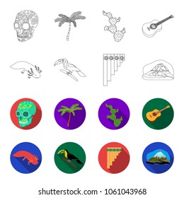 Sampono Mexican musical instrument, a bird with a long beak, Orizaba is the highest mountain in Mexico, axolotl is a rare animal. Mexico country set collection icons in outline,flet style vector