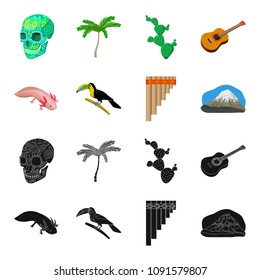 Sampono Mexican musical instrument, a bird with a long beak, Orizaba is the highest mountain in Mexico, axolotl is a rare animal. Mexico country set collection icons in black,cartoon style vector