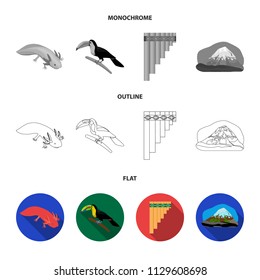 Sampono Mexican musical instrument, a bird with a long beak, Orizaba is the highest mountain in Mexico, axolotl is a rare animal. Mexico country set collection icons in flat,outline,monochrome style