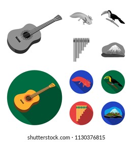 Sampono Mexican musical instrument, a bird with a long beak, Orizaba is the highest mountain in Mexico, axolotl is a rare animal. Mexico country set collection icons in monochrome,flat style vector