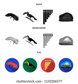 Sampono Mexican musical instrument, a bird with a long beak, Orizaba is the highest mountain in Mexico, axolotl is a rare animal. Mexico country set collection icons in black, flat, monochrome style