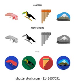 Sampono Mexican musical instrument, a bird with a long beak, Orizaba is the highest mountain in Mexico, axolotl is a rare animal. Mexico country set collection icons in cartoon,flat,monochrome style