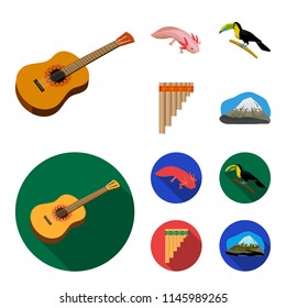 Sampono Mexican musical instrument, a bird with a long beak, Orizaba is the highest mountain in Mexico, axolotl is a rare animal. Mexico country set collection icons in cartoon,flat style vector