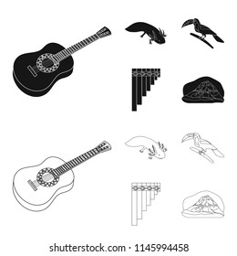 Sampono Mexican musical instrument, a bird with a long beak, Orizaba is the highest mountain in Mexico, axolotl is a rare animal. Mexico country set collection icons in black,outline style vector