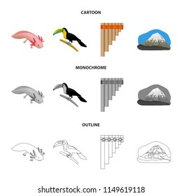 Sampono Mexican musical instrument, a bird with a long beak, Orizaba is the highest mountain in Mexico, axolotl is a rare animal. Mexico country set collection icons in cartoon,outline,monochrome