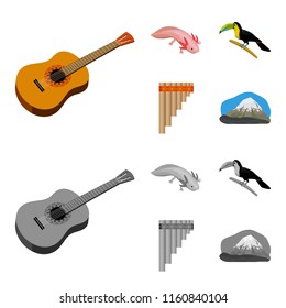 Sampono Mexican musical instrument, a bird with a long beak, Orizaba is the highest mountain in Mexico, axolotl is a rare animal. Mexico country set collection icons in cartoon,monochrome style vector
