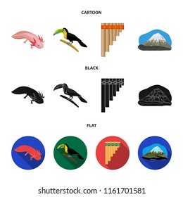 Sampono Mexican musical instrument, a bird with a long beak, Orizaba is the highest mountain in Mexico, axolotl is a rare animal. Mexico country set collection icons in cartoon,black,flat style vector