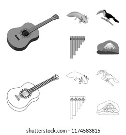 Sampono Mexican musical instrument, a bird with a long beak, Orizaba is the highest mountain in Mexico, axolotl is a rare animal. Mexico country set collection icons in outline,monochrome style vector