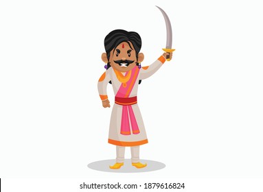 Samrat Ashok is angry and holding a sword in his hand. Vector graphic illustration. Individually on a white background.