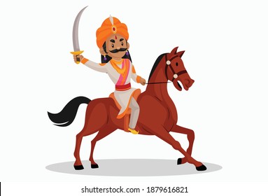 Samrat Ashok is sitting on the horse holding sword and going for the war. Vector graphic illustration. Individually on a white background.