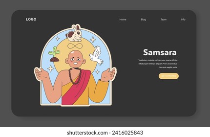 Samsara concept illustration. A monk surrounded by symbolic creatures, representing the cycle of life and rebirth. Flat vector illustration