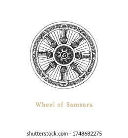 Samsara, Wheel of Life, vector illustration in engraving style. Vintage pastiche of esoteric and occult sign. Drawn sketch of magical and mystical symbol.