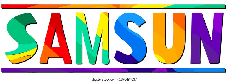 Samsun. Multicolored bright funny cartoon isolated inscription. Colorful letters. Turkey Samsun for prints on clothing, t-shirt, banner, sticker, flyer, card, souvenir, ads. Stock vector picture