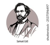 Samuel Colt was an American gunsmith, inventor, and industrialist who founded the company himself. Hand drawn vector illustration