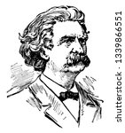 Samuel Langhorne Clemens 1835 to 1910 he was a major American for his stories and novel The Adventures of Tom Sawyer and The Adventures of Huckleberry Finn vintage line drawing or graving illustration