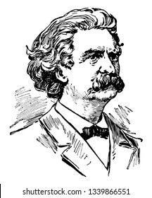 Samuel Langhorne Clemens 1835 to 1910 he was a major American for his stories and novel The Adventures of Tom Sawyer and The Adventures of Huckleberry Finn vintage line drawing or graving illustration