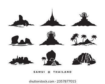 Samui Tailandia, atracciones turísticas, símbolos emblemáticos, lugares importantes, ilustración vectorial.