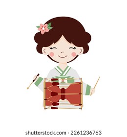 Samulnori performance. Traditional Korean musical show - cute young female in beautiful hanbok clothing playing on janggu drum. Flat vector illustration on white background