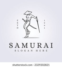 samurai with 2 katana wear conical hat for logo vector illustration design