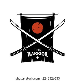 Samurai Akademie Schule Logo Design. zwei japanische Katana-Schwerter mit gekreuzten Blades und japanischer Flagge - traditionelle Samurai-Krieger-Waffe schwarz-weiß Vektordesign-Grafik.