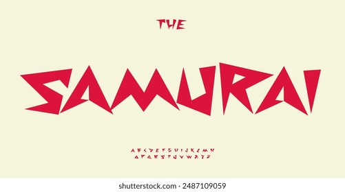 Samurai alphabet asian calligraphic letters, red bold geometric jagged font for manga and anime headlines, Japanese food restaurant logo, oriental style typography. Vector typeset.