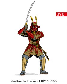 Samurai in ancient armor, japanese warrior with katana sword. Vector illustration.