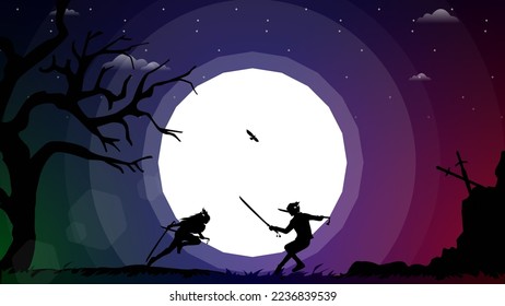 samurai anime wallpaper. samurai battle background with anime style. samurai fight at night. swordsman duel. two swordsmen fighting. duel.