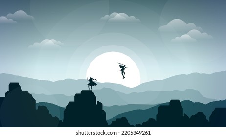 samurai anime wallpaper. samurai boy want to fight with lady samurai. mountains desktop background. samurai battle background with anime style.