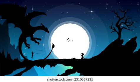 samurai anime wallpaper. samurai versus dragon. samurai with witch and dragon. japanese theme walpaper. landscape blue sky fantasy wallpaper with mythological animal.