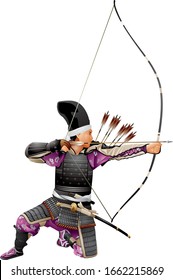 Samurai Archer, Japan Warrior Bushi with the bow, arrows and tachi sword katana, Japanese bowman wearing traditional war clothes and armor, Kyudo martial art of archery