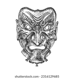 Samurai armor mask, hand drawn illustration in vector, sketch of Somen, Japanese facial armour