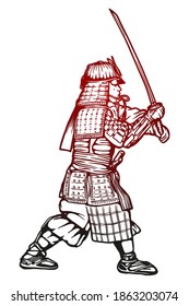 Samurai en armadura con espada - mano dibujada - línea de salida