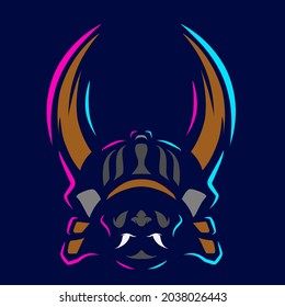 Samurai Armor Helm Logo Linie Pop-Art Potrait. Warmes bunter Design mit dunklem Hintergrund. Abstrakte einzelne Vektorgrafik.