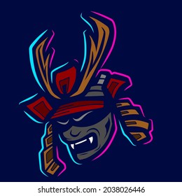 Samurai Armour Helm logo line pop art potrait. Warrior colorful design with dark background. Abstract isolated vector illustration.
