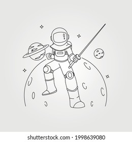 samurai astronaut line art vector symbol with planet background illustration design, astronaut with sword illustration