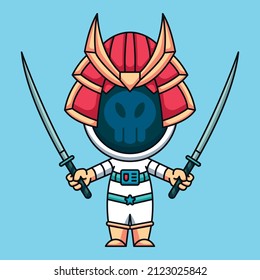 Samurai astronaut wearing two katana, cute cartoon icon illustration