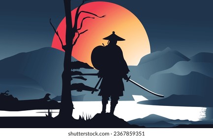 Samurai atop a mountain at night under the bright moon, a stunning blend of nature and warrior's spirit
