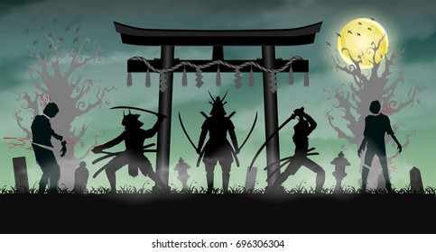 samurai attack zombie with japan style temple gate