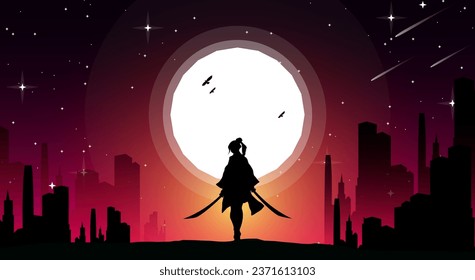 samurai background. Japanese cyberpunk samurai. landscape fantasy wallpaper. urban samurai girl illustration.