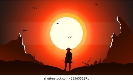samurai background. Japanese samurai background. Japanese cyberpunk samurai. sunset background. urban samurai illustration. landscape fantasy wallpaper.