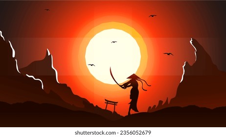 samurai background. Japanese samurai background. sunset fantasy background. Japanese cyberpunk samurai. landscape fantasy wallpaper. samurai girl illustration.